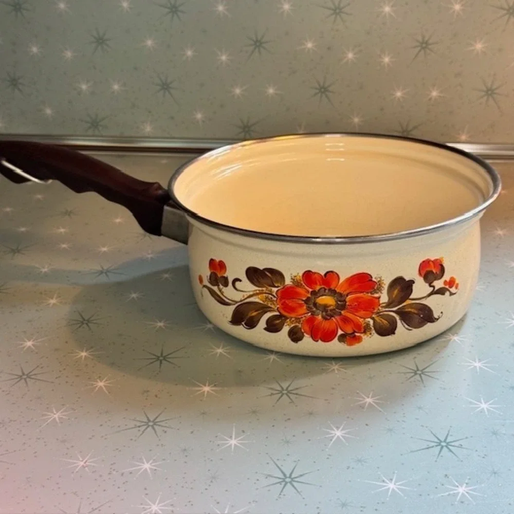 Vintage 1970s Moneta #18 Enamel Saucepan Pot Orange &‎ Brown Floral Boho Italy